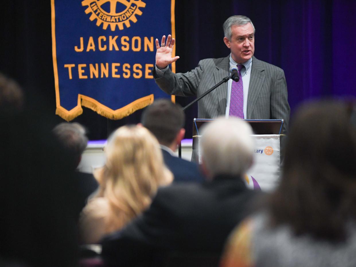 Tennessee Secretary of State Tre Hargrett speaks during a Jackson Rotary Club meeting inside First United Methodist, Jackson, Tenn., on Wednesday, March 20, 2024.