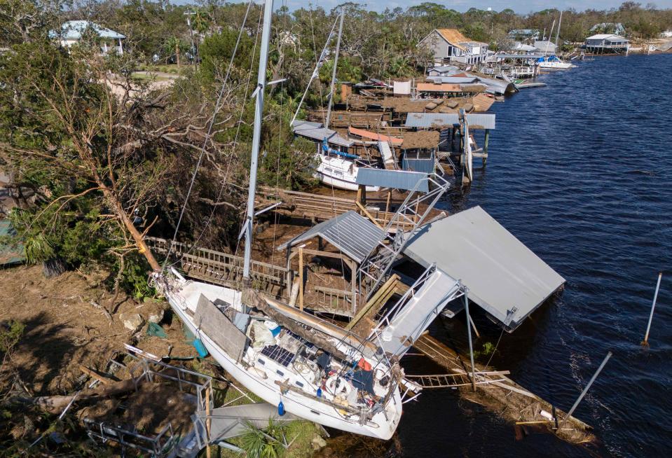 Homes, docks and boats were damaged by Hurricane Helene on September 27, 2024 in Steinhatchee, Florida.