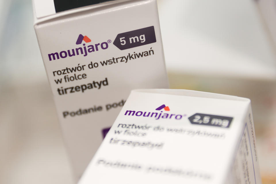 Mounjaro manufactured by Eli Lilly and Company packaging is seen in this illustration photo taken in a pharmacy in Krakow, Poland on April 9, 2024. (Photo by Jakub Porzycki/NurPhoto via Getty Images)