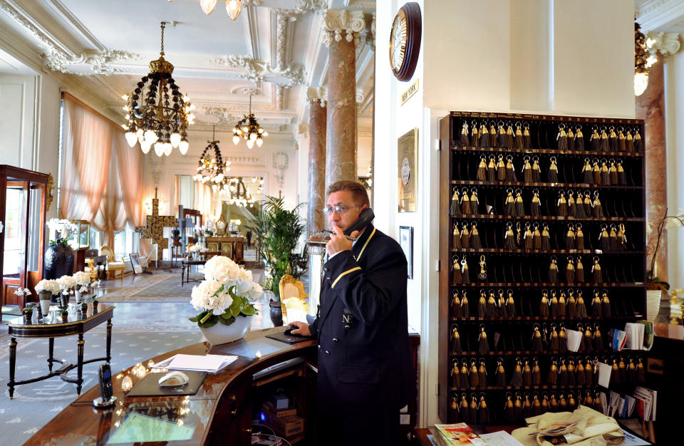 A picture taken on June 15, 2011, shows the lobby of the luxury hotel "Hotel du Palais" in Biarritz, Southwestern France. This hotel became on May 5, 2011 one of the eight deluxe French hotels crowned with the rare distinction of "palace" status, a new industry classification for luxury that goes beyond a mere five stars. French tourism authorities said the rank recognised "French-style excellence" to boost the profile of the most chic hotels. AFP PHOTO / FRANCK FIFE        (Photo credit should read FRANCK FIFE/AFP/GettyImages)