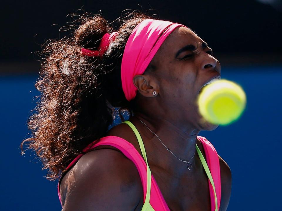 Williams of the U.S. screams after winning a point against compatriot Keys during their women's singles semi-final match at the Australian Open 2015 tennis tournament in Melbourne