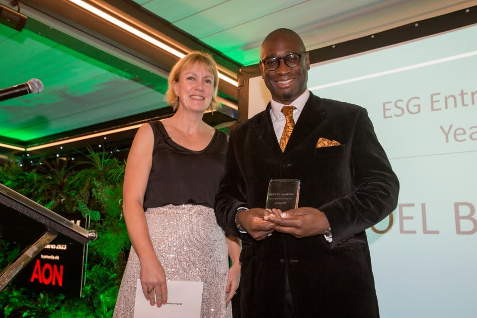 Entrepreneur of the Year Award sponsored by Tide Bank goes to Joel Blake OBE. . From left to right Heather Cobb of Tide Bank and Joel Blake OBE