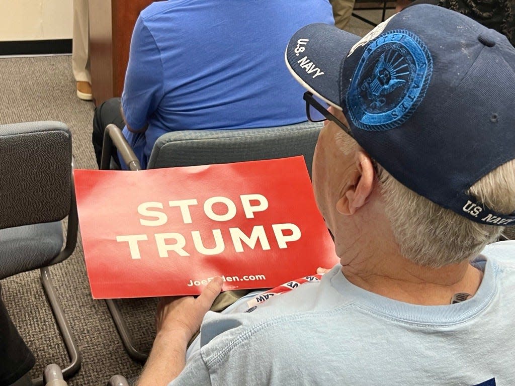 Ahead of former president Donald Trump's rally in Wilmington on April 20, 2024, area democrats gathered to talk veteran support and women's rights.