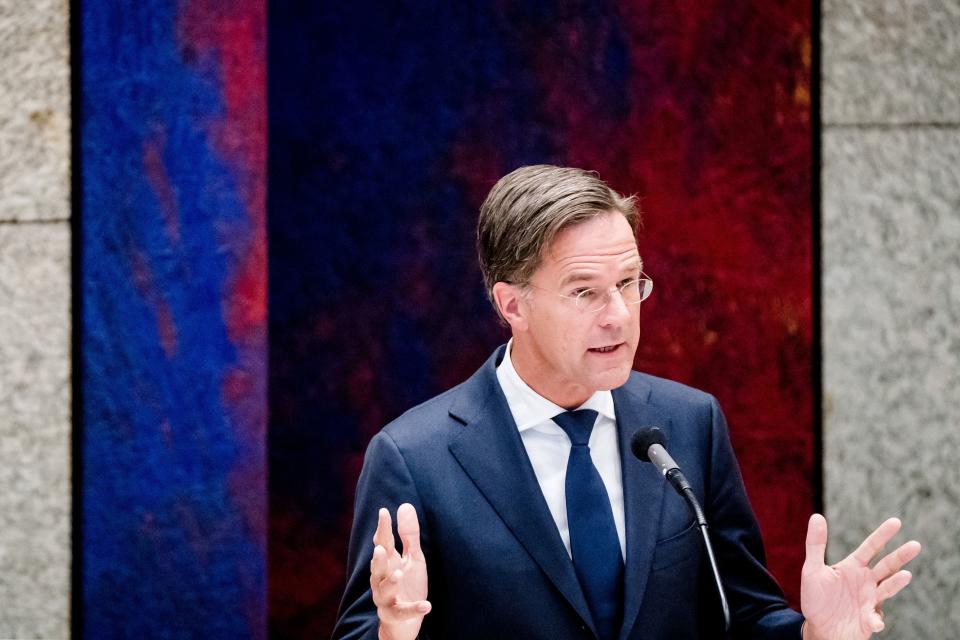 Outgoing Prime Minister Mark Rutte gestures as he speaks during a debate in the House of Representatives about the childcare benefits report and the resignation of the cabinet in The Hague on July7, 2021. - Netherlands OUT (Photo by Bart Maat / ANP / AFP) / Netherlands OUT (Photo by BART MAAT/ANP/AFP via Getty Images)