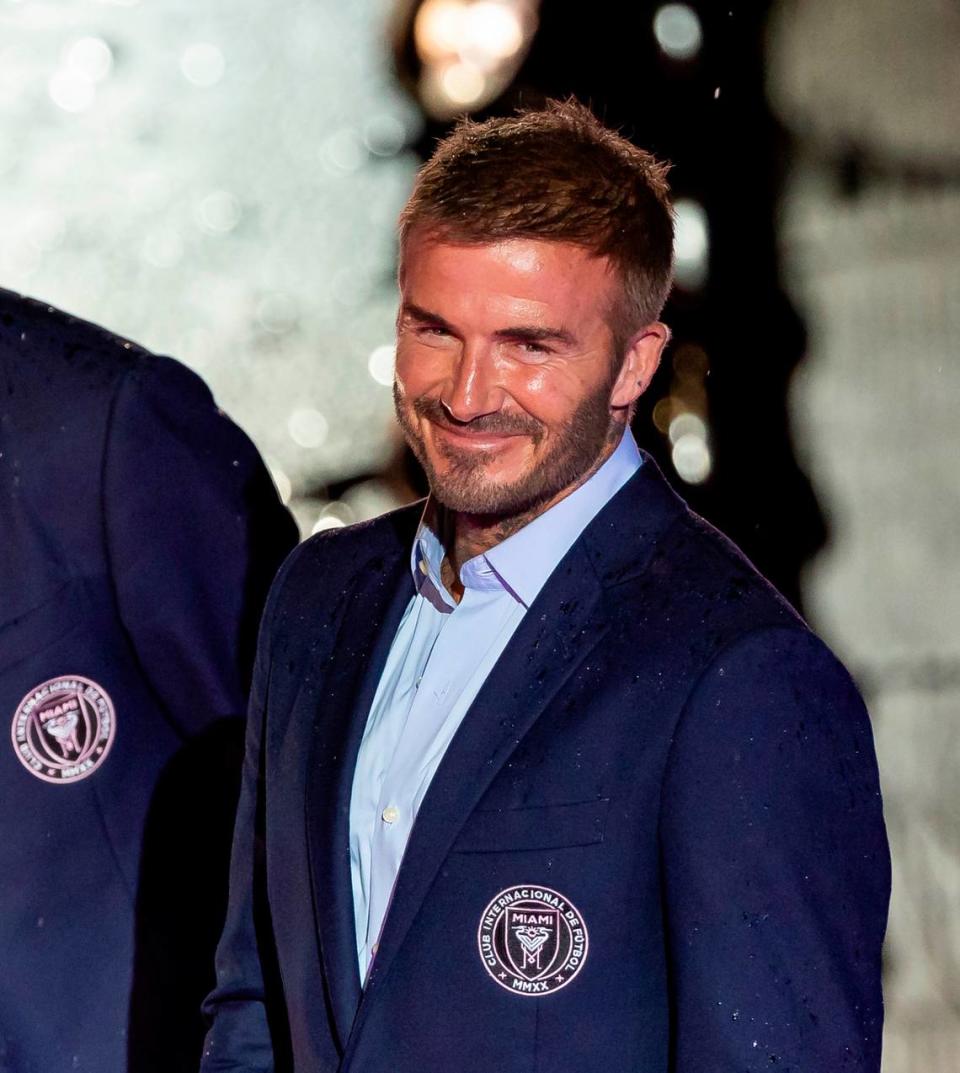 Inter Miami Co-owner David Beckham reacts during his team’s The Unveil event at DRV PNK Stadium on Sunday, July 16, 2023, in Fort Lauderdale, Fla. The event was held to officially welcome Argentine forward Lionel Messi (10) and Spanish midfielder Sergio Busquets (5) to the team. MATIAS J. OCNER/mocner@miamiherald.com