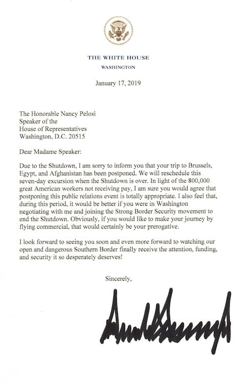 The president's letter to Mrs Pelosi