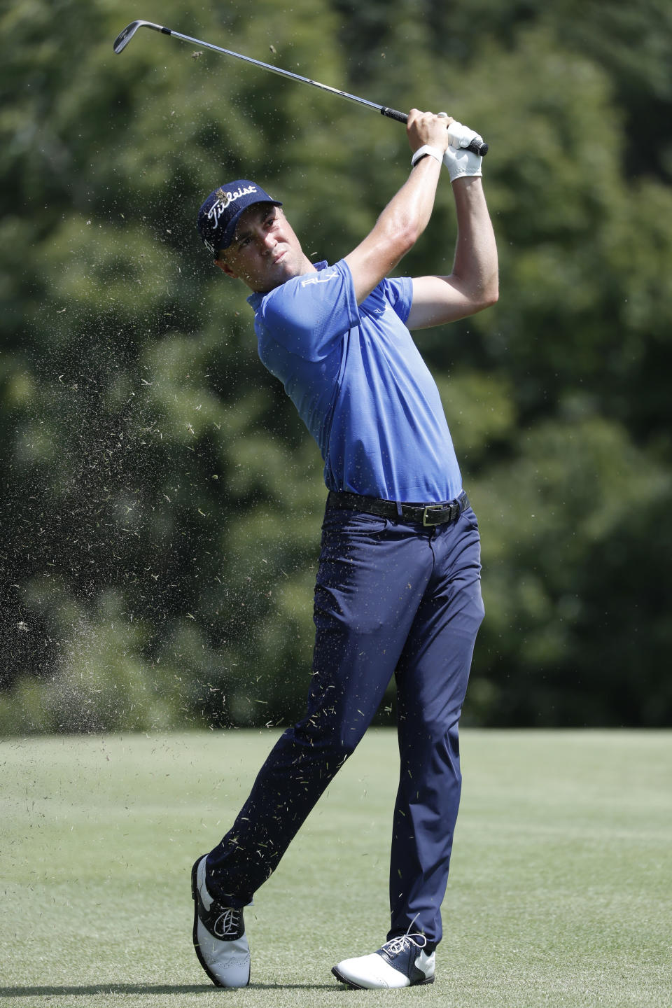 Justin Thomas hits for the fairway on the fifth hole during second round play in the Tour Championship golf tournament Friday, Aug. 23, 2019, at Eastlake Golf Club in Atlanta. (AP Photo/John Bazemore)