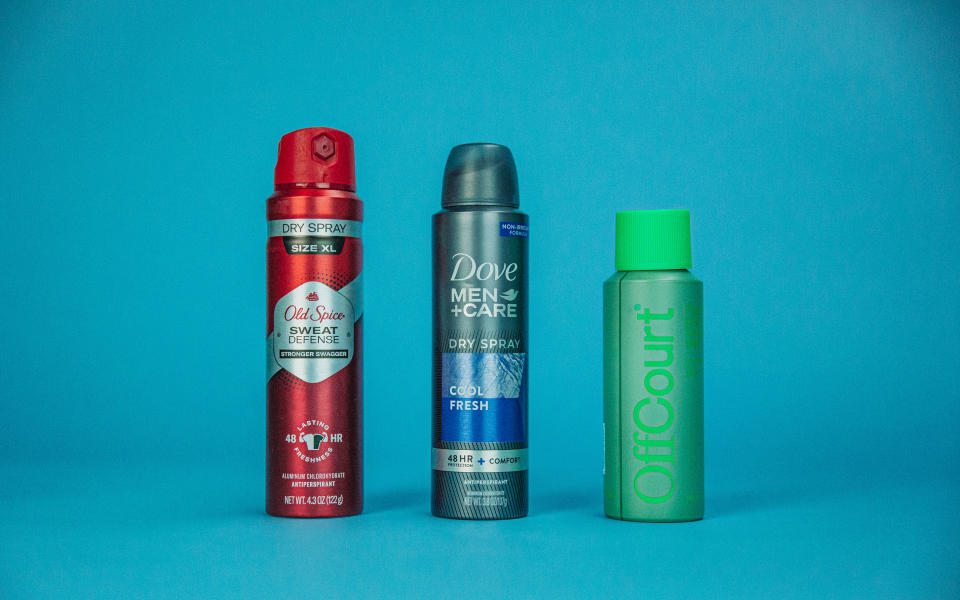Three spray deodorants, including Old Spice, Dove Men+Care and OffCourt Body Spray; best spray deodorant, spray deodorants