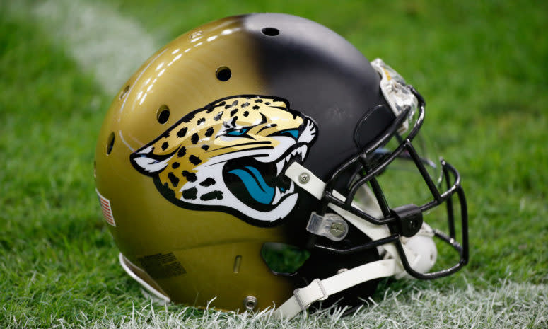 A closeup of a Jaguars football helmet.