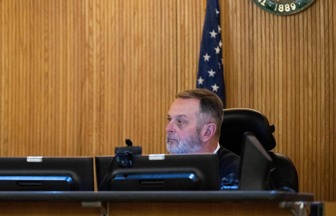 Kitsap County District Court Judge Jeffrey Jahns rules over a bail hearing for Pierce County Sheriff Ed Troyer at the Pierce County District Court on Friday, July 1, 2022 in Tacoma.