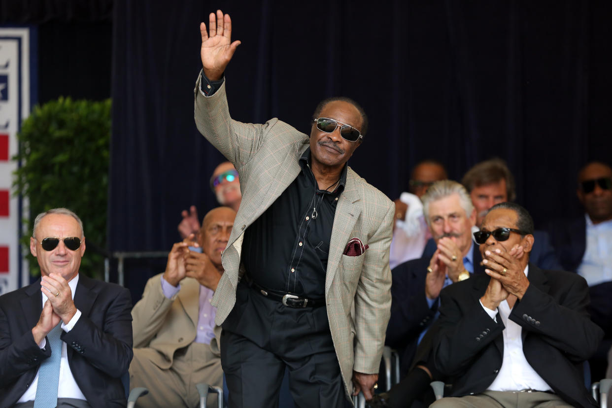 COOPERSTOWN, NY - JULY 20: Hall of Famer Joe Morgan acknowledges the crowd during the 2019 Hall of Fame Awards Presentation at the National Baseball Hall of Fame on Saturday July 20, 2019 in Cooperstown, New York. (Photo by Alex Trautwig/MLB Photos via Getty Images) 