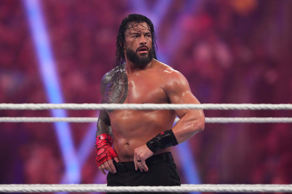 Roman Reigns reacts during the WWE Undisputed Championship match at the Royal Rumble at Tropicana Field in St. Petersburg, Florida on Jan 27, 2024.