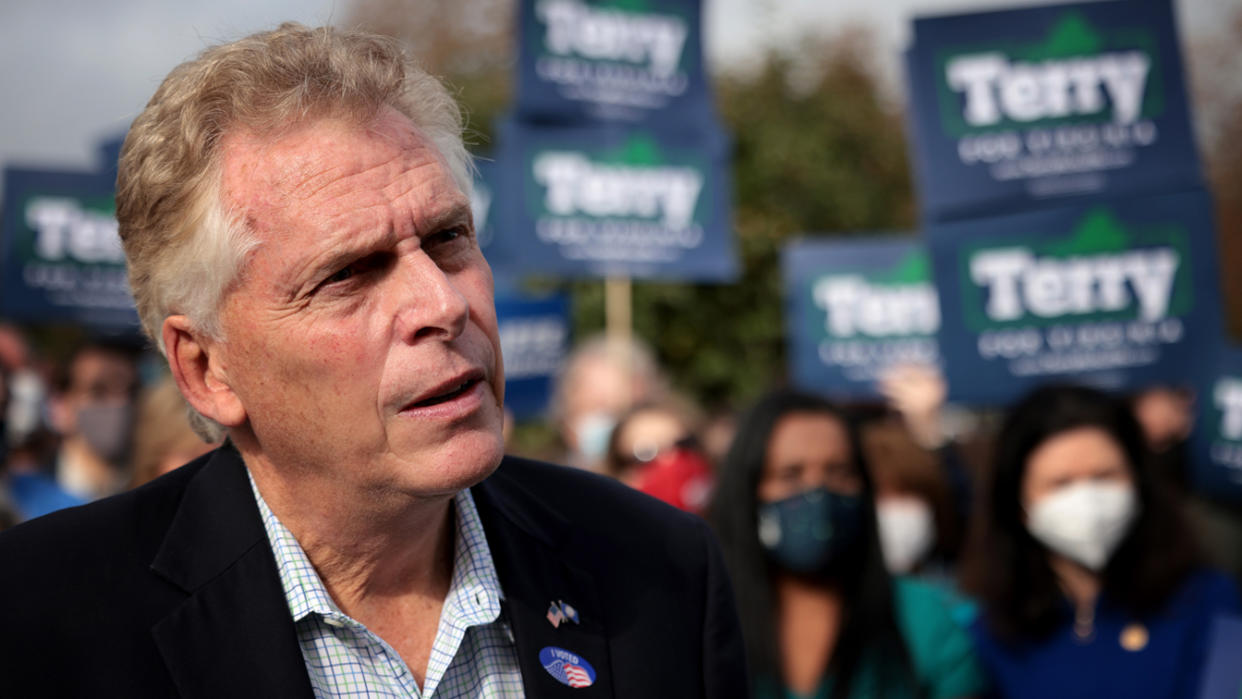 Former Virginia Gov. Terry McAuliffe, Democratic gubernatorial candidate for Virginia for a second term,  answers questions from reporters after casting his ballot during early voting at the Fairfax County Government Center October 13, 2021 in Fairfax, Virginia. (Win McNamee/Getty Images)
