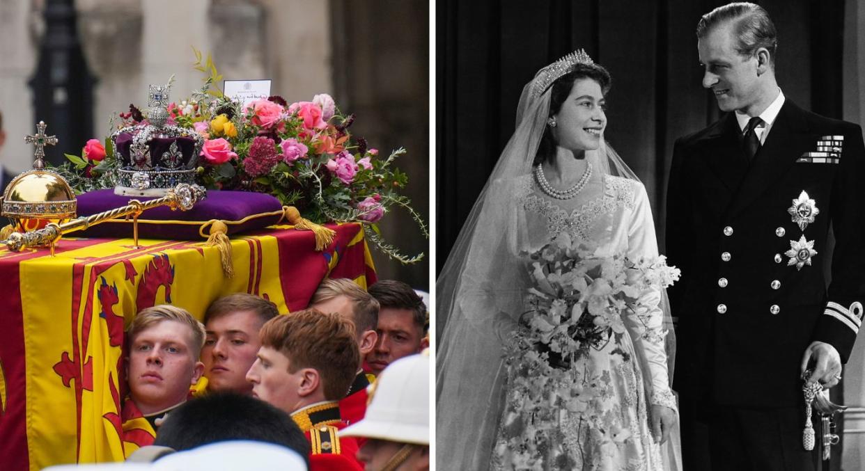 The coffin of Queen Elizabeth II is placed on a gun carriage ahead of the State Funeral of Queen Elizabeth II at Westminster Abbey on September 19, 2022 in London, England. Elizabeth Alexandra Mary Windsor was born in Bruton Street, Mayfair, London on 21 April 1926. She married Prince Philip in 1947 and ascended the throne of the United Kingdom and Commonwealth on 6 February 1952 after the death of her Father, King George VI. Queen Elizabeth II died at Balmoral Castle in Scotland on September 8, 2022, and is succeeded by her eldest son, King Charles III. (Photo by Emilio Morenatti - WPA Pool/Getty Images)Right: Princess Elizabeth, later Queen Elizabeth II with her husband Phillip, Duke of Edinburgh, on their wedding day, 20th November 1947. (Photo by © Hulton-Deutsch Collection/CORBIS/Corbis via Getty Images)