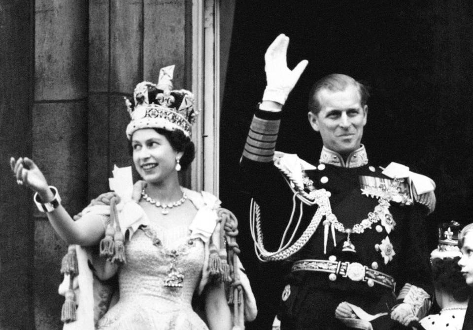 Queen Elizabeth II wearing the Imperial State Crown and the Duke of Edinburgh in uniform of Admiral of the Fleet 