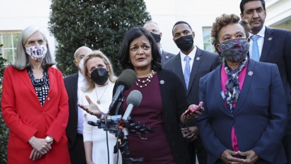 Rep. Pramila Jayapal (center) is joined by Rep. Barbara Lee (right) and other lawmakers in October 2021 after a meeting with President Joe Biden on an infrastructure bill. This week, Jayapal and Lee joined anti-poverty demonstrators outside the Capitol. (Photo: Kevin Dietsch/Getty Images)