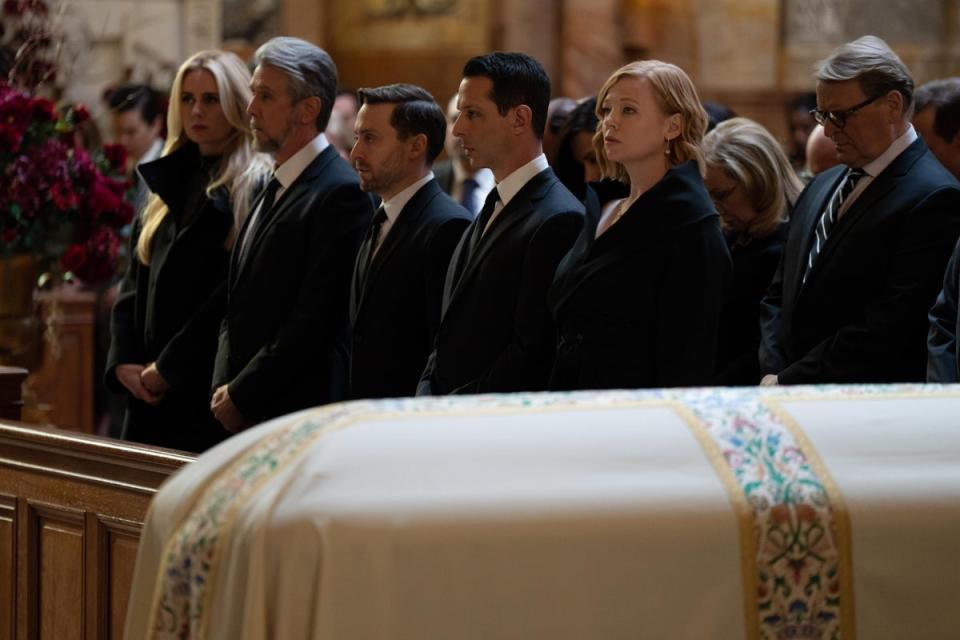 The Roys, Willa and Frank at Logan’s funeral (©2023 HBO. All Rights Reserved)