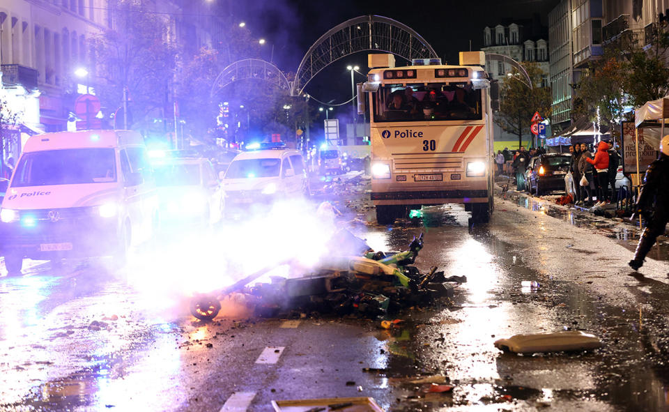 Morocco's victory over Belgium at the World Cup, pictured here sparking crazy scenes in Brussels.