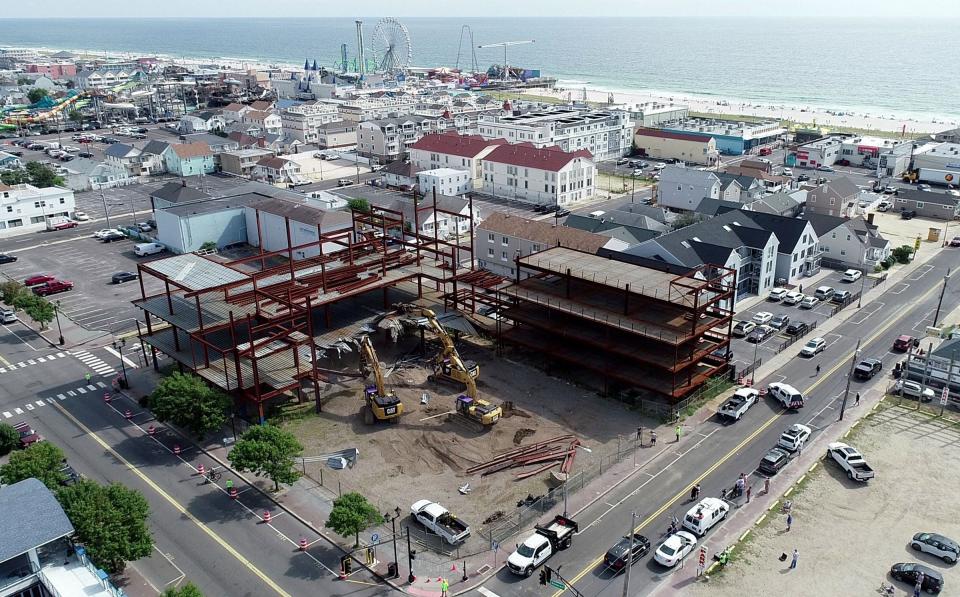 Demolition of the steel structure on the Boulevard in Seaside Heights, between Hamilton and Webster Avenues, gets underway Monday morning, August 16, 2021.  The steel structure has been an eyesore for more than a decade. It's slated to be replaced by 79 residential units, a restaurant and retail stores on the bottom floors.
