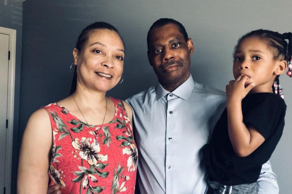 In this photo provided by LaDonna Thomas, Clifton Jones, center, poses with his sister, LaDonna Thomas, and his great-niece, Erin Nelson, in Fort Mitchell, Ala., on Wednesday, April 21, 2021. Jones, a man imprisoned for 15 years for shaking his month-old son to death is free after prosecutors and a judge agreed that the scientific research underlying what was once called "shaken baby syndrome" has changed significantly in recent years. Jones, 45, was released this month from Soledad State Prison in California after a judge agreed to resentence him to a lesser offense. (Courtesy of LaDonna Thomas via AP)