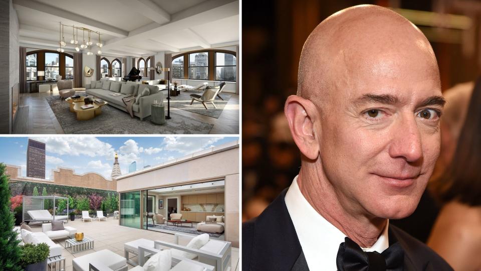 Composite image of the living room and outdoor entertaining area at Jeff Bezos' reported new property, 212 Fifth Avenue. Images: Sotheby's, Getty, VisualHouse