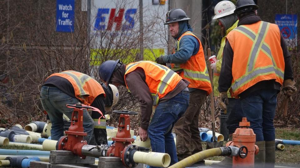 Crews work to get water moving back into the QEII Halifax Infirmary complex on Thursday, April 4, 2024, after a water-main break.