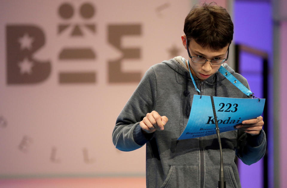 <p>Kodai Speich, 13, of Rockford, Ill., competes during the 2017 Scripps National Spelling Bee at National Harbor in Oxon Hill, Maryland, May 31, 2017. (Joshua Roberts/Reuters) </p>