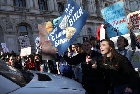 People take part in a "youth strike for climate change" demonstration in London, Britain February 15, 2019. REUTERS/Simon Dawson