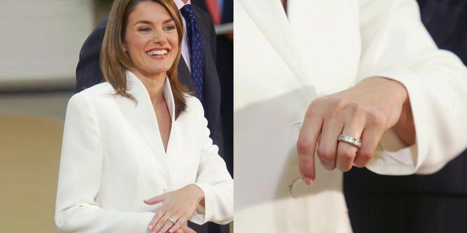 <p>Then-Prince Felipe VI of Spain proposed to journalist Letizia Ortiz with a pretty unusual ring. Instead of featuring a diamond solitaire, he chose a ring with a row of diamonds set between two white gold bands. </p>
