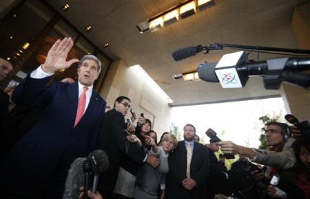 U.S. Secretary of State John Kerry speaks to the press upon his arrival in Geneva, November 8, 2013. REUTERS/Jason Reed