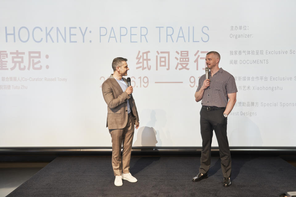 Shai Baitel and Russell Tovey at the opening of the exhibition "David Hockney: Paper Trails" at Shanghai's Modern Art Museum.