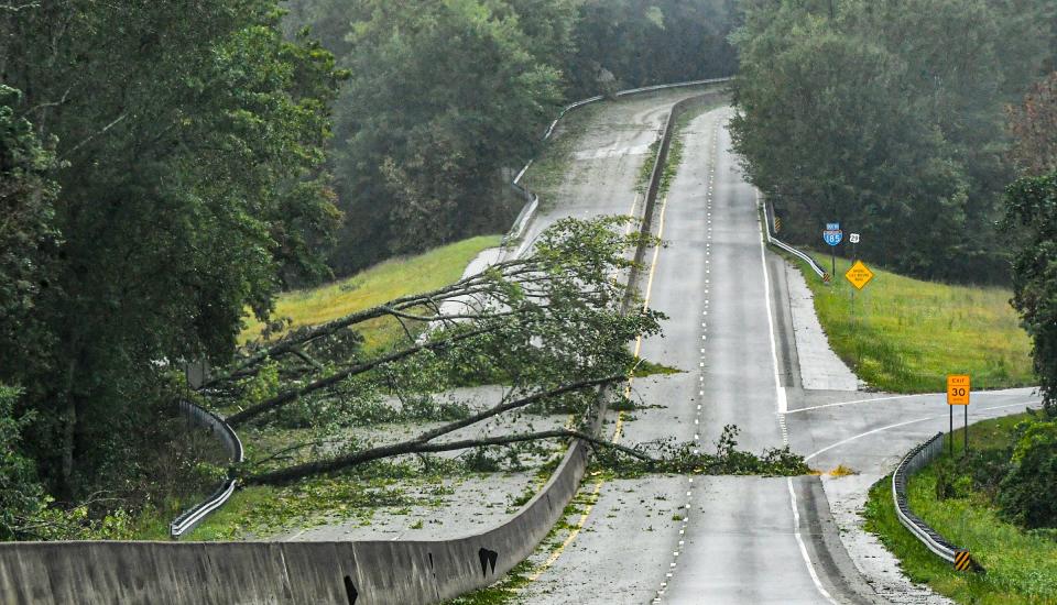 Trees block Northbound lanes into Greenville on US29/SC185 near Whitehorse Road, during Tropical Storm Helene in Greenville, S.C. Friday, September 27, 2024.