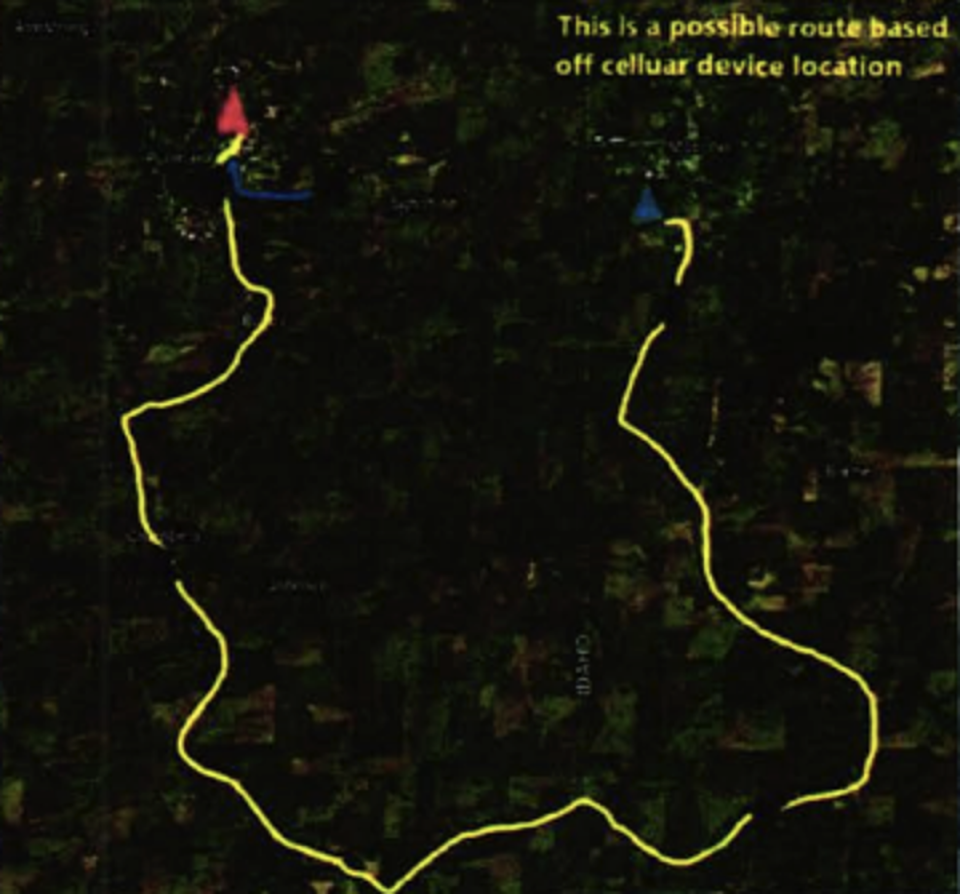 A map recreating the movements of alleged University of Idaho murderer Bryan Kohberger, compiled using cell phone data (Latah County)