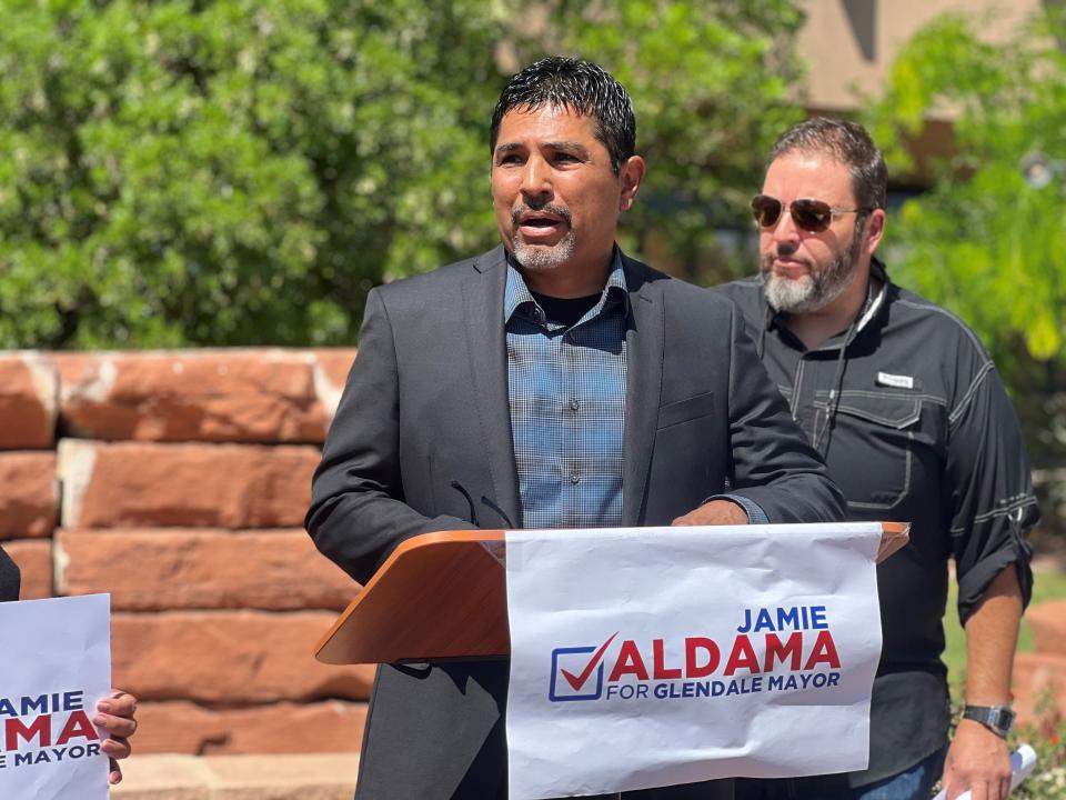 Glendale Councilmember Jamie Aldama announces his bid for mayor on Tuesday, May 16, 2023, in downtown Glendale. He is the third politician to enter the race and will run against current Mayor Jerry Weiers and former state Sen. Paul Boyer.