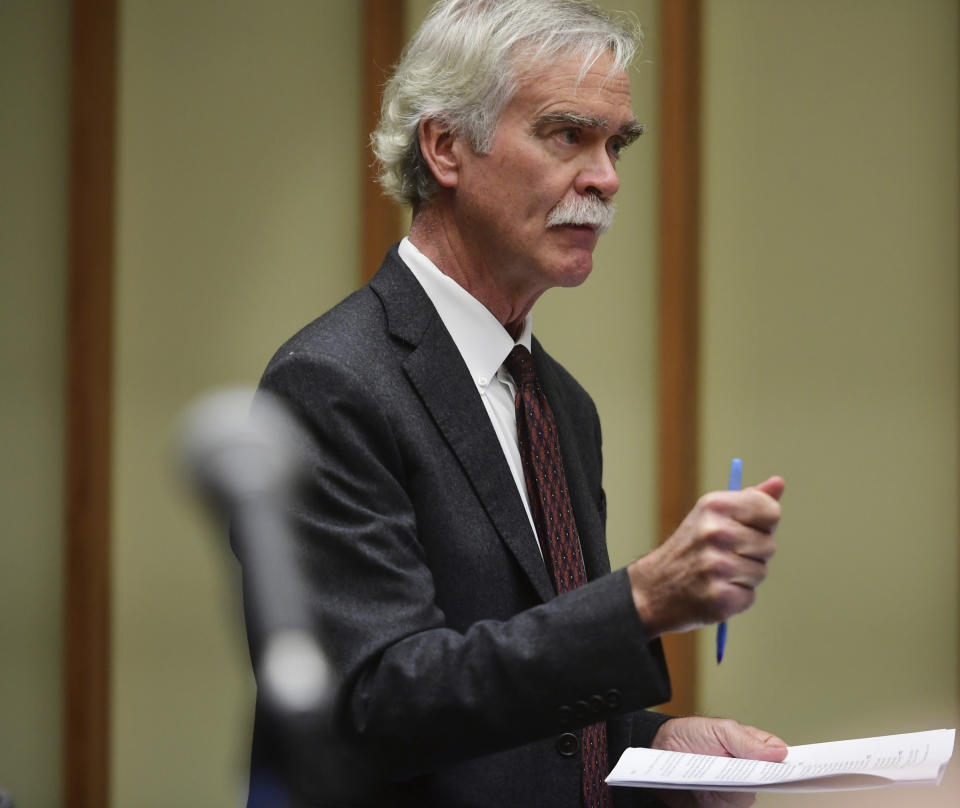 Attorney William Bloss, representing Democratic Mayoral Candidate John Gomes questions witnesses during Gomes' challenge of absentee ballots in the 2023 Democratic Mayoral Primary in Superior Court in Bridgeport, Conn., on Friday, Oct. 13, 2023. (Brian A. Pounds/Hearst Connecticut Media via AP, Pool)