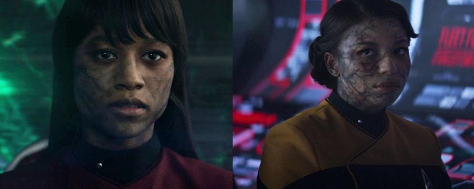 The Borgified daughters of Geordi La Forge, Sidney La Forge (Ashlei Sharpe Chestnut) and Alandra La Forge (Mica Burton) in Picard season 3. 