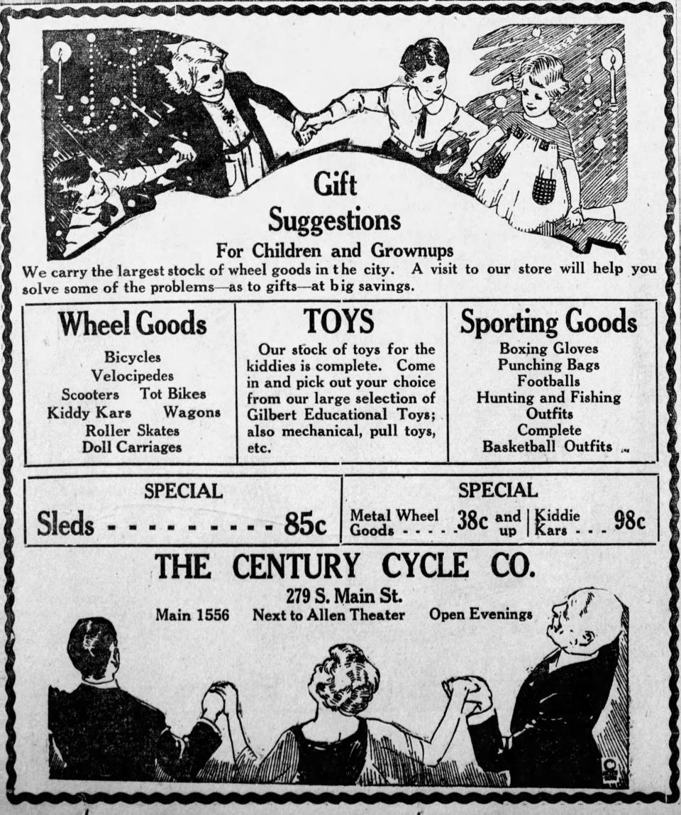 The Century Cycle Co. advertises to Akron shoppers in December 1922.