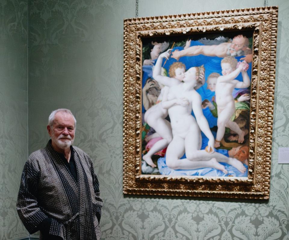 Terry Gilliam and An Allegory with Venus and Cupid, c.1540-50 by Agnolo Bronzino. The foot in question can be seen above the dove, in the bottom left of the painting