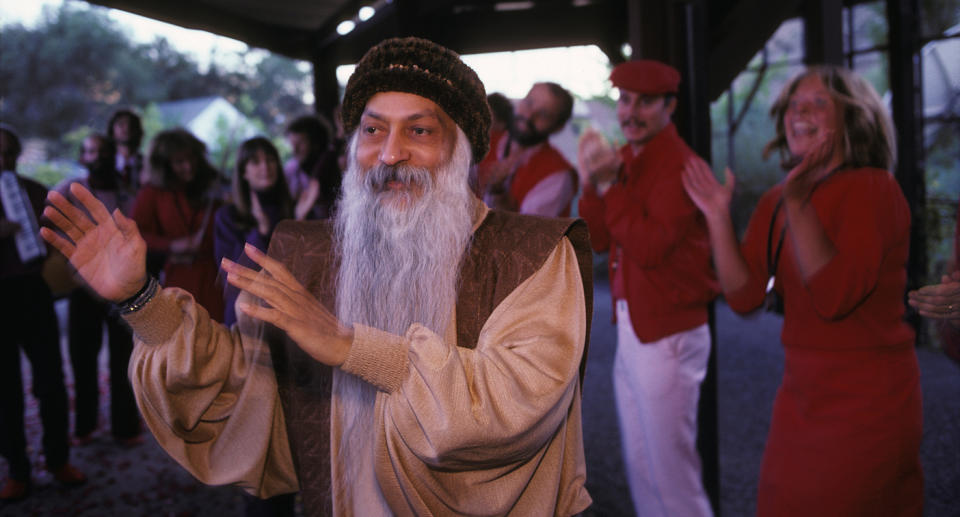 Bhagwan Shree Rajneesh at the cult's base in Oregon. Source: Getty Images