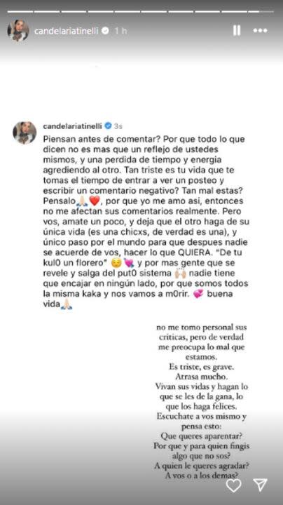 El descargo de Cande Tinelli a raíz de los fuertes comentarios que recibió en su posteo (Foto: Instagram @candelariatinelli)