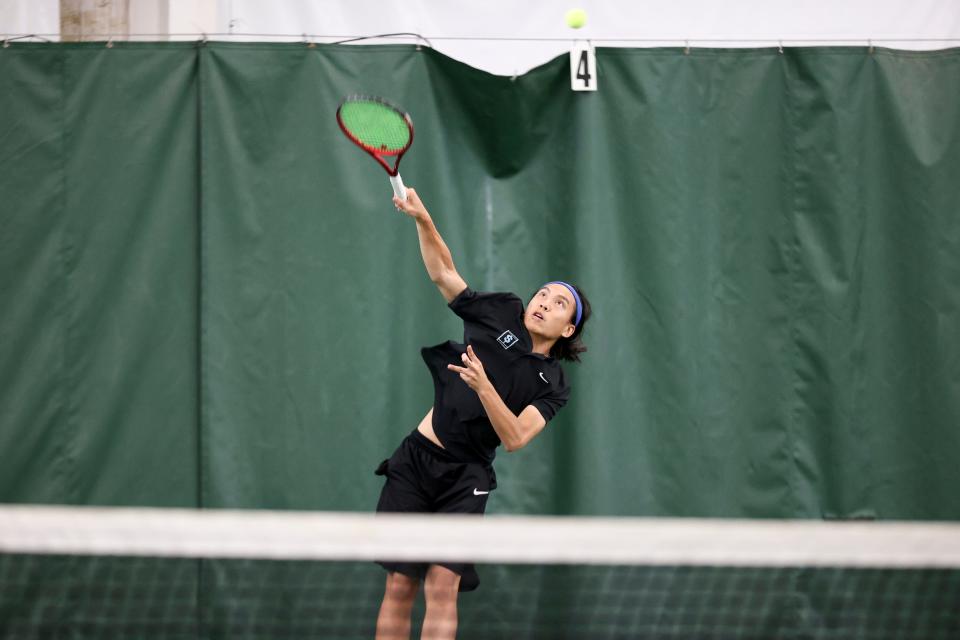 South Salem’s Adam Son serves during the Central Valley Conference district tennis singles final at Salem Tennis and Swim Club on May 9. Son is the No. 8 seed at Class 6A the state championship Thursday through Saturday at Tualatin Hills Tennis Center in Beaverton.