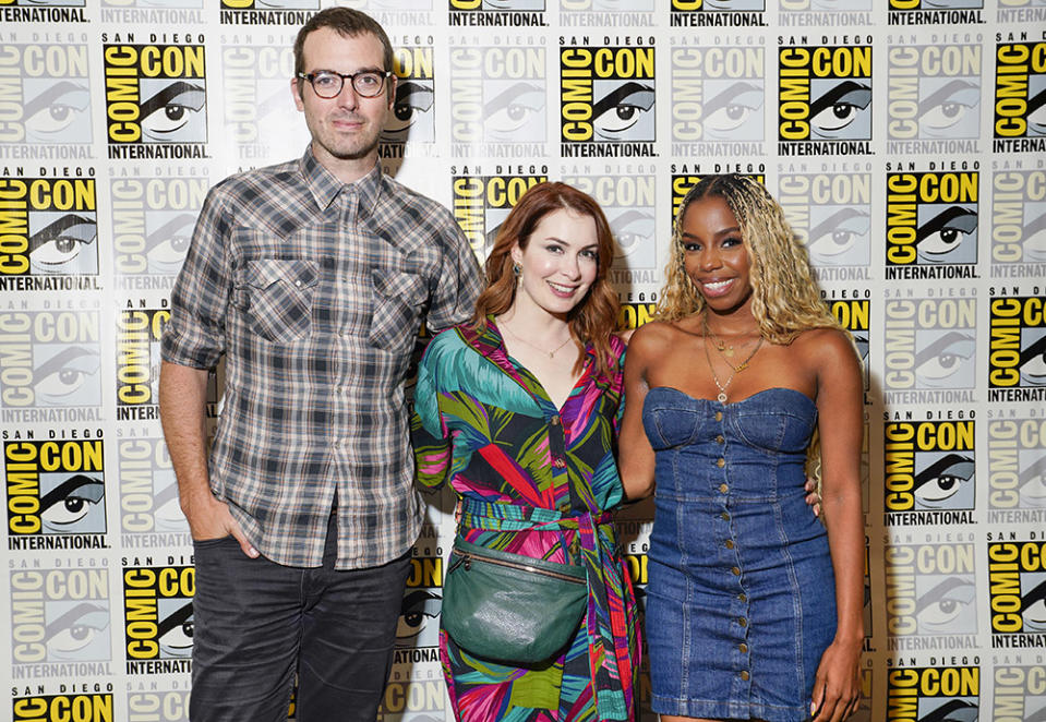 (L-R) Jonah Ray Rodrigues, Felicia Day, and London Hughes attend The "Third Eye" Panel at San Diego Comic-Con at Hilton San Diego Bayfront on July 20, 2023 in San Diego, California.