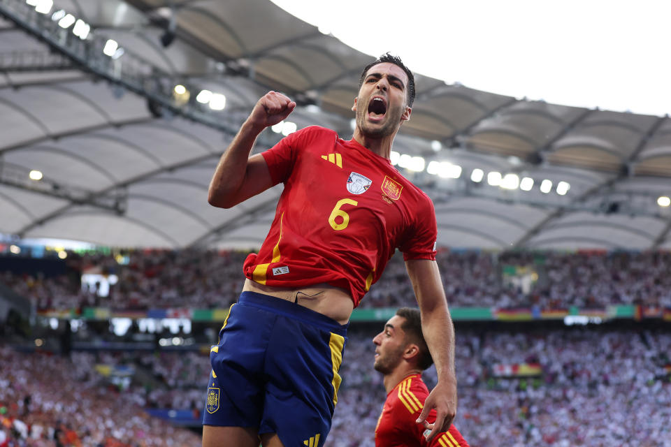Spain's Mikel Merino celebrates his last-minute goal against Germany. (Alex Livesey/Getty Images)
