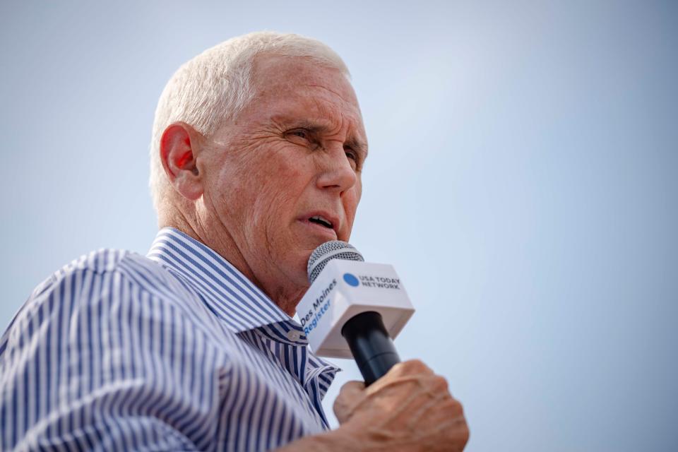 GOP presidential candidate Mike Pence speaks at the Des Moines Register political soapbox during the Iowa State Fair, Thursday, Aug. 10, 2023.