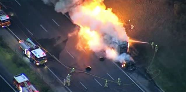 A truck burst into flames on the Monash Freeway. Photo: 7News