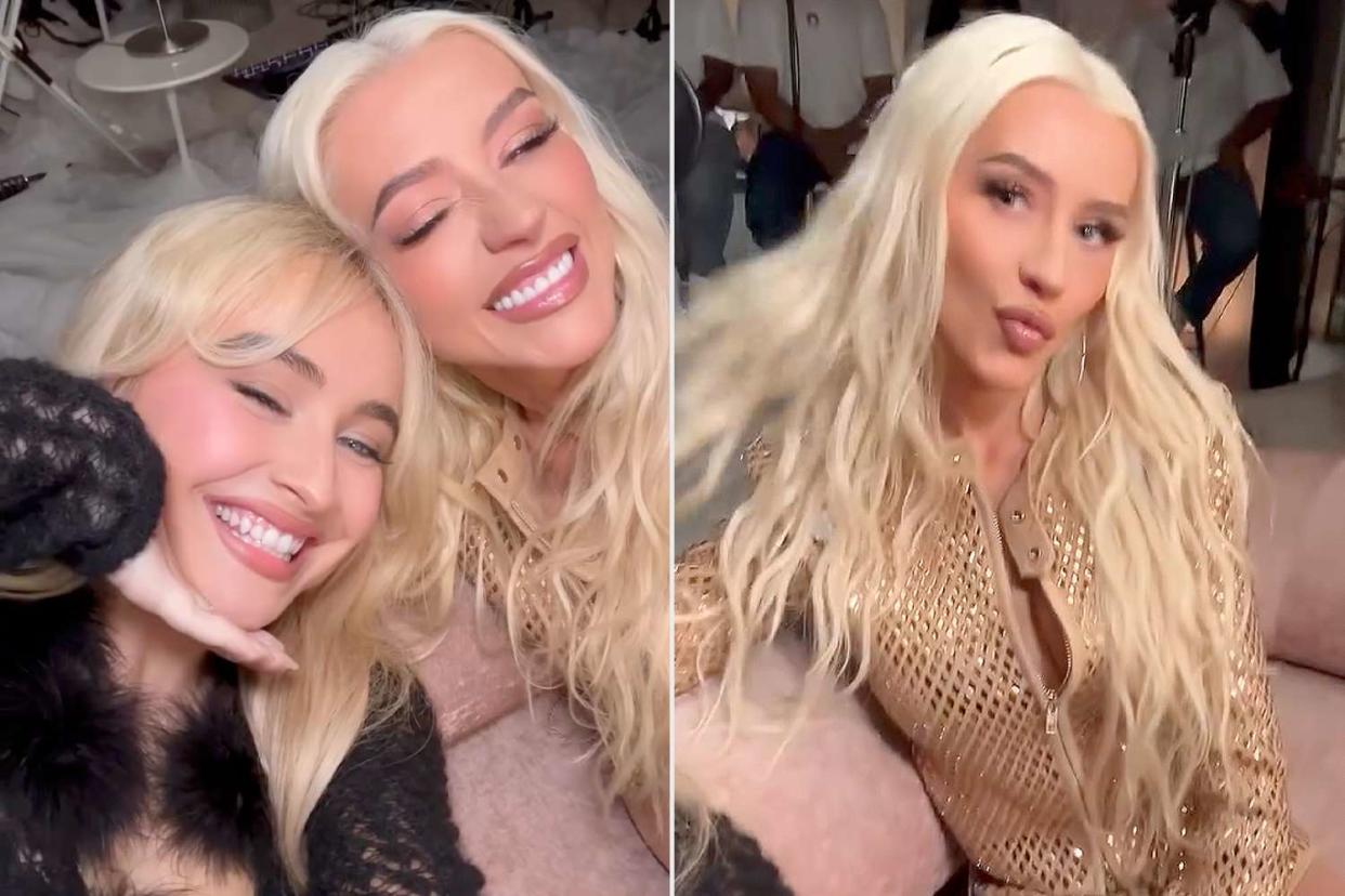 <p>Christina Aguilera/Instagram (2)</p> Sabrina Carpenter and Christina Aguilera in an Instagram video on Sept. 18, 2024 