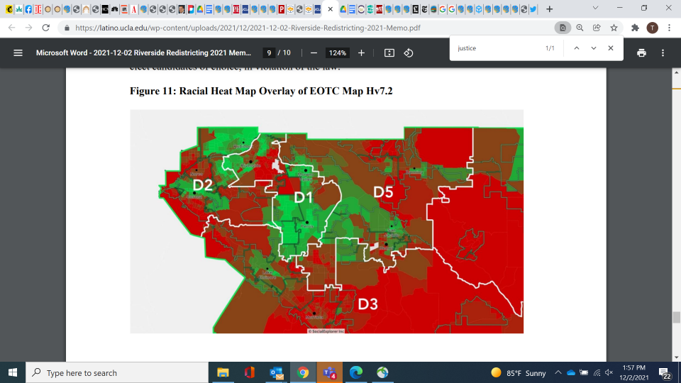 A heat map shows the density of Latino's citizen voting-age populations in western Riverside County laid over one of the redistricting proposals before the county. In a report, the UCLA Voting Right Project said this map, known as Map Hv7.2, "cracks the Latino population of the County even more egregiously into four districts," arguing the proposal would violate federal election law.