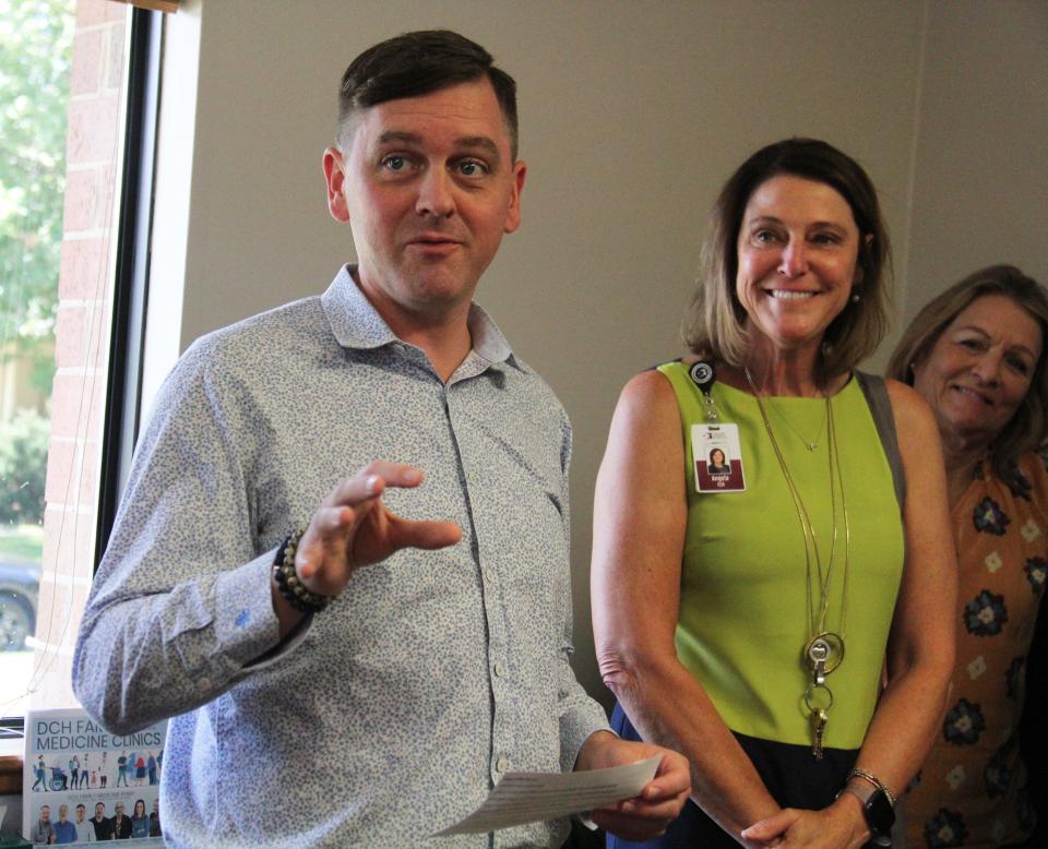 Dr. Nick Palmer speaks during the ribbon cutting ceremony for DCH Family Medicine Dallas Center on Friday, July 28, 2023.