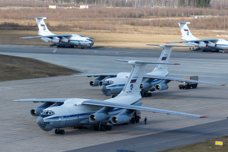 The Russian military send medical supply to Italy at an airdrome in Moscow region