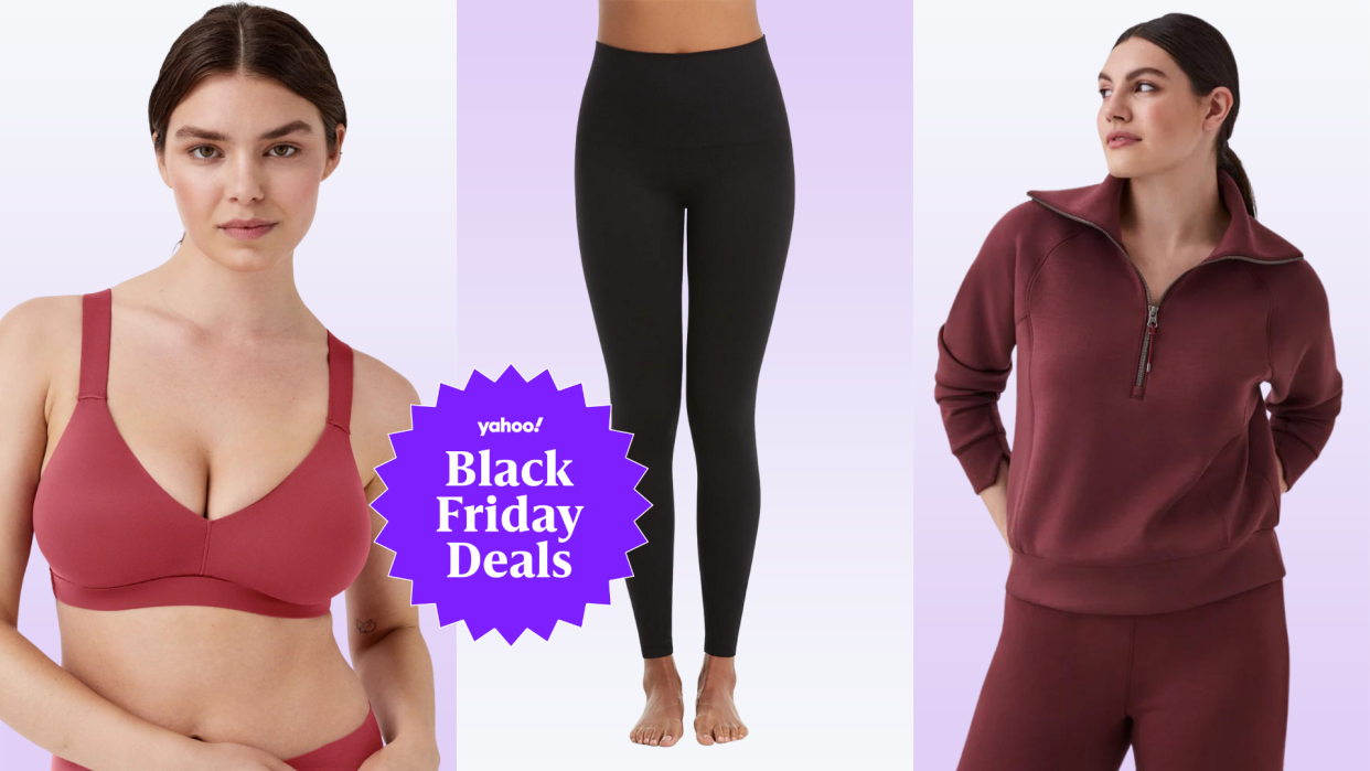 woman in spanx bra, woman in black spanx leggings, woman in red zip-up